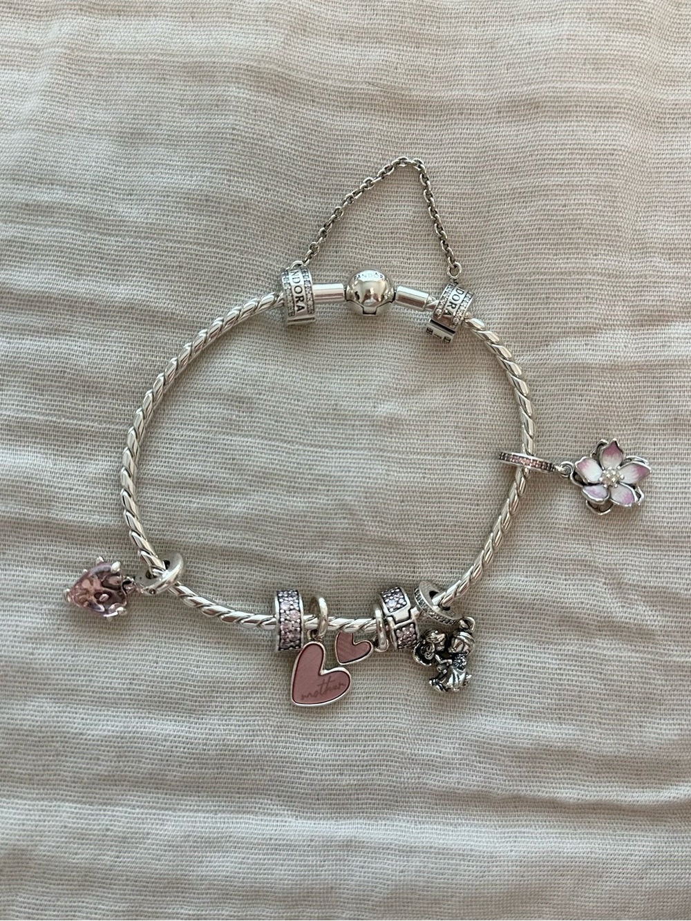 Pandora Silver Bracelet with Pink Heart and Flower Charms - Gift for Mom